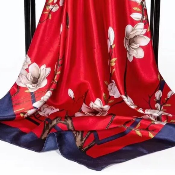 2/$30 Elegant Red Floral Silky Scarf Satin Square Shawl with Blue Accents Gift - Picture 3 of 4